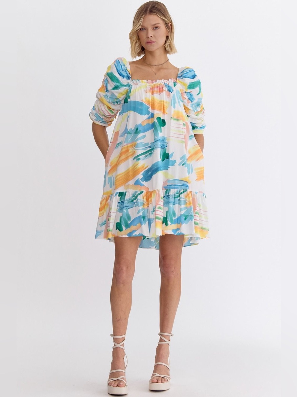 Entro | Ships Go Sailing Trapeze Swing Dress Coastal Chic New Artsy Puff Sleeve